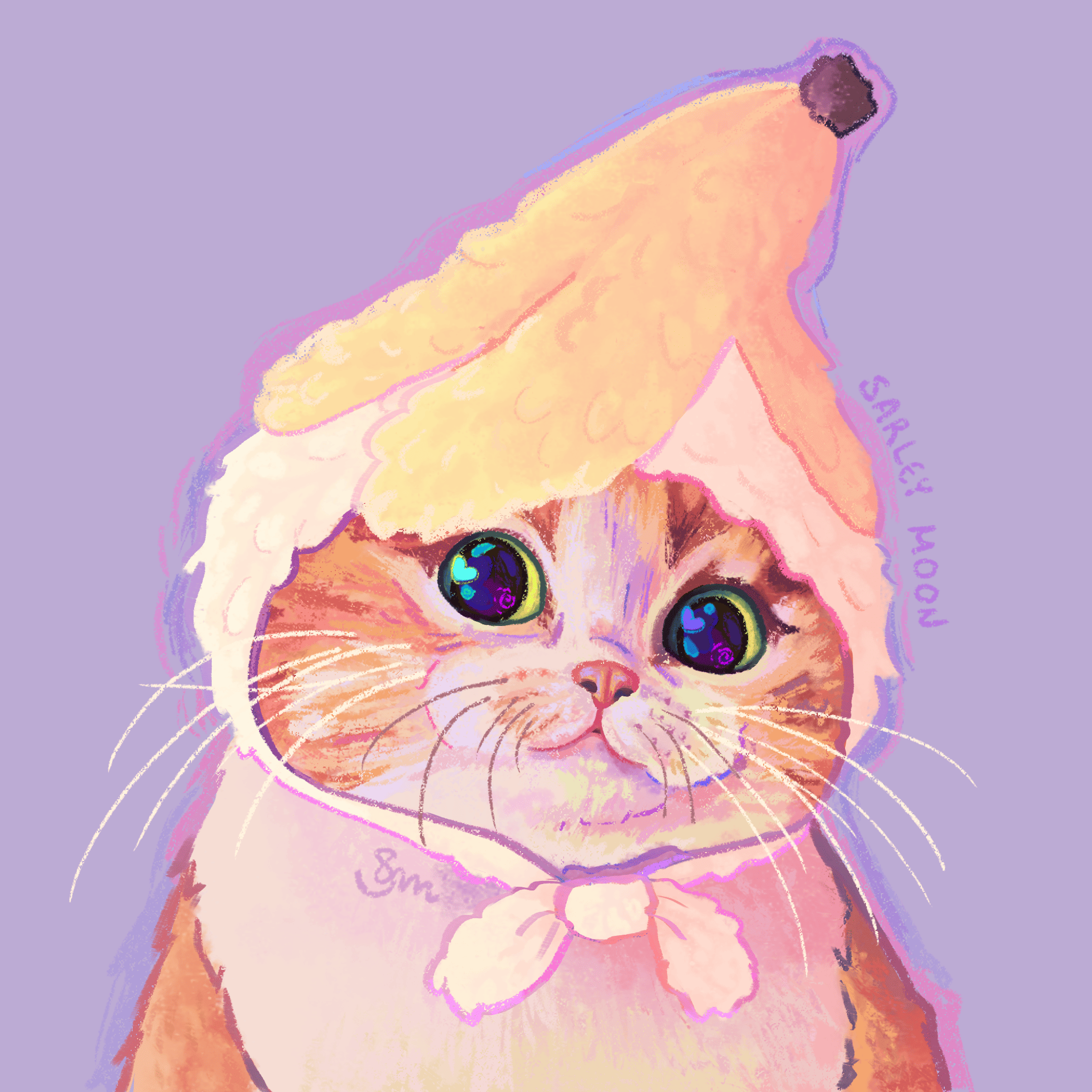 Gatito con disfraz de plátano, ilustración pastel divertida